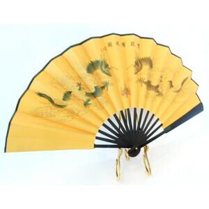 VTG Japanese Wooden HAND HELD FAN Hand Painted Duling Dragons Words Paper 23x13"